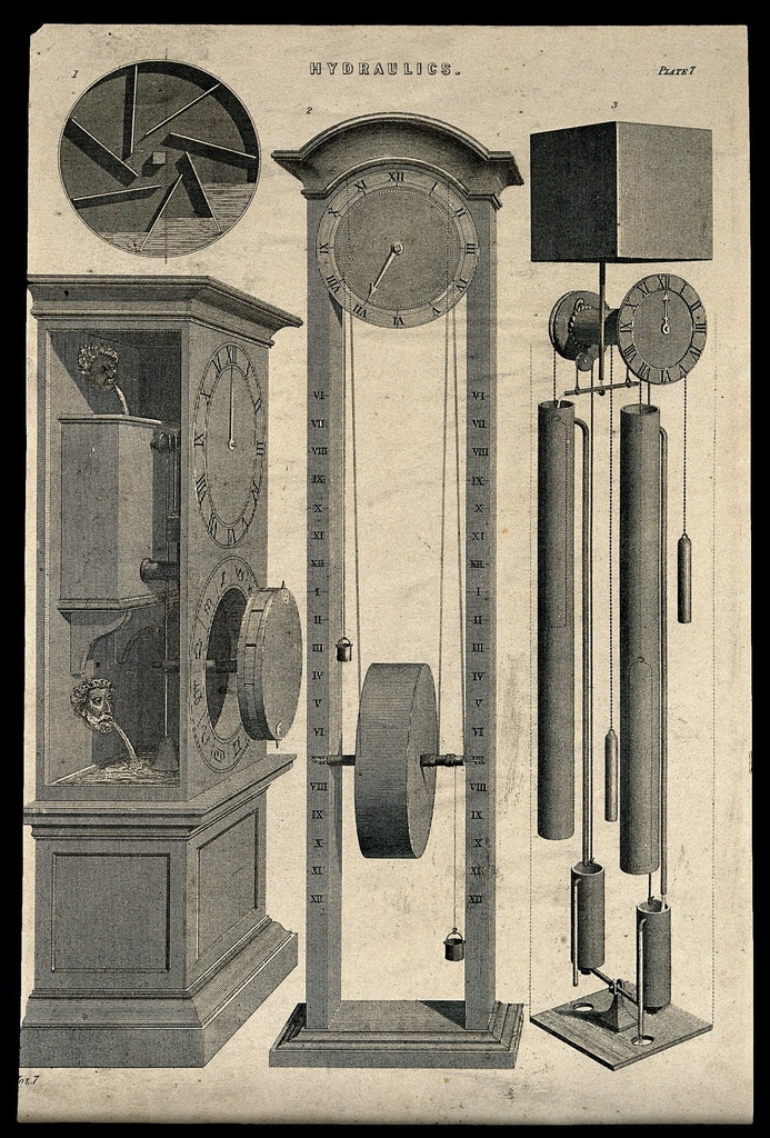 Clocks: diagrams water-clocks. Engraving, c