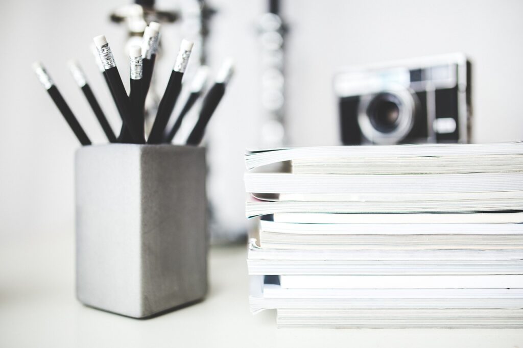 pencils, notebooks, stack